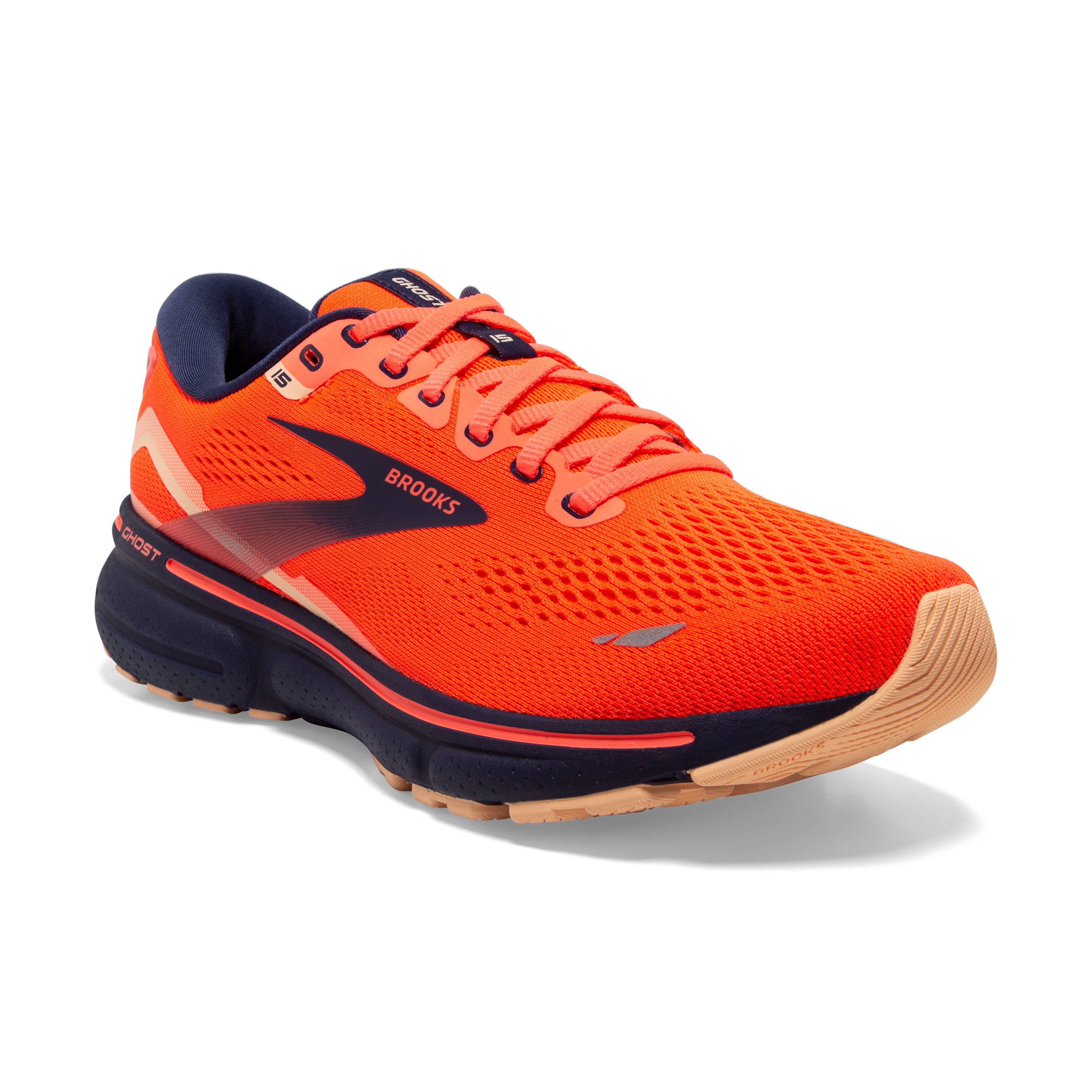 Women's Brooks Ghost 15 1203801B657 Color: Coral/Navy/Peach – Brown's ...
